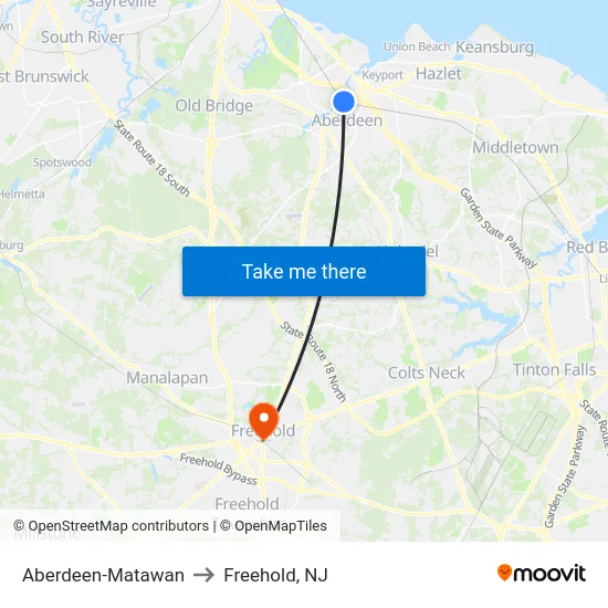 Aberdeen-Matawan to Freehold, NJ map