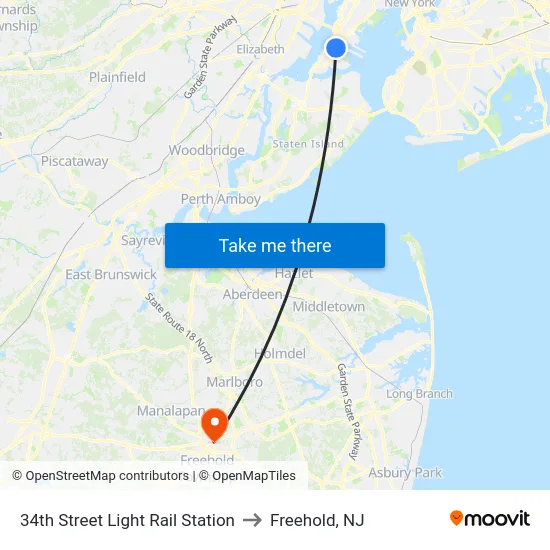34th Street Light Rail Station to Freehold, NJ map