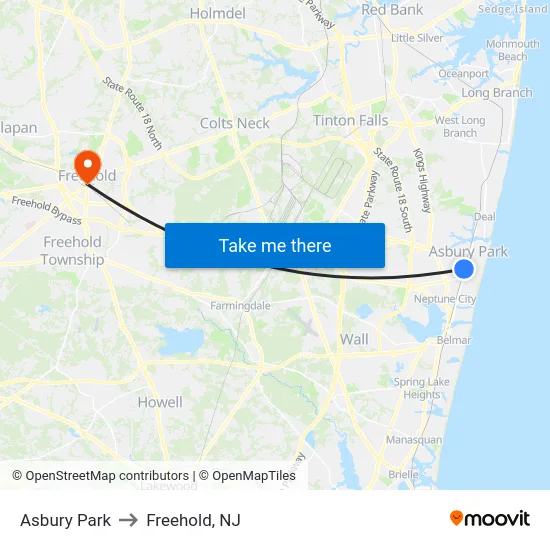 Asbury Park to Freehold, NJ map