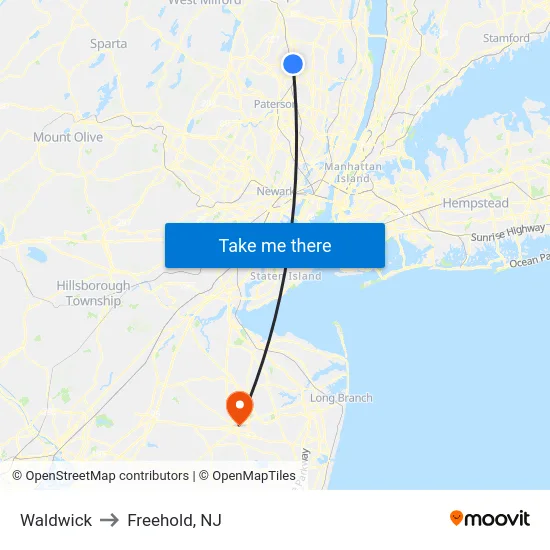 Waldwick to Freehold, NJ map