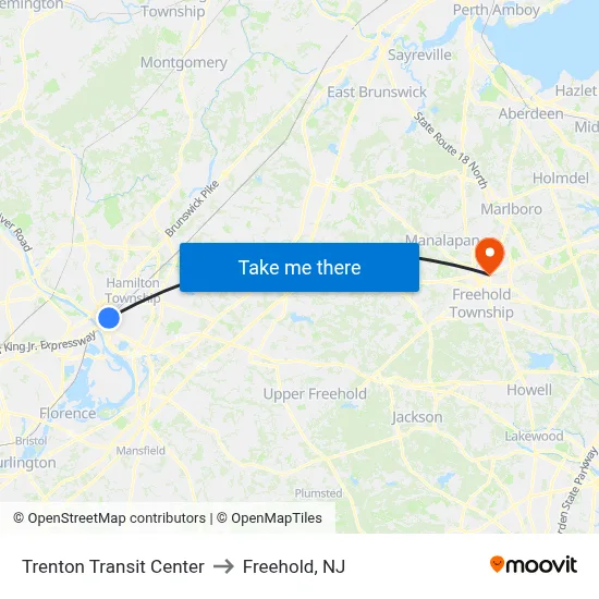 Trenton Transit Center to Freehold, NJ map