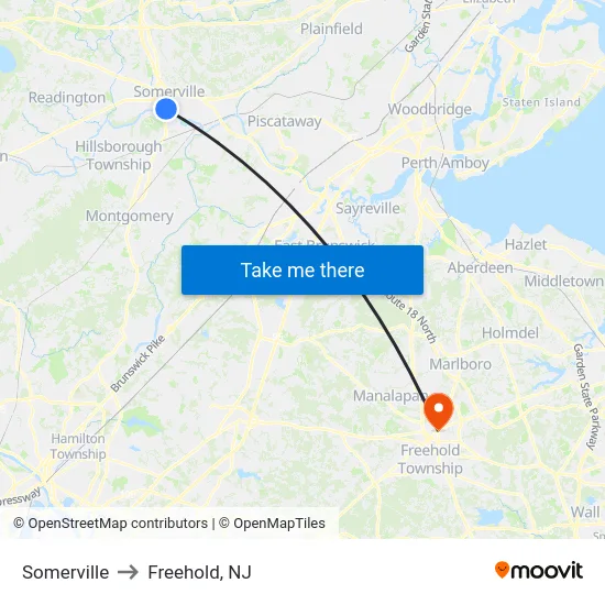 Somerville to Freehold, NJ map