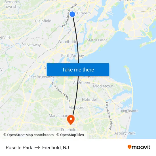 Roselle Park to Freehold, NJ map