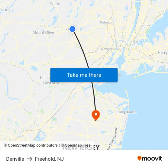 Denville to Freehold, NJ map