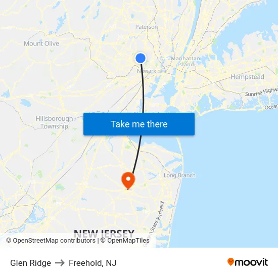 Glen Ridge to Freehold, NJ map