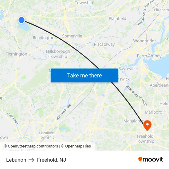 Lebanon to Freehold, NJ map