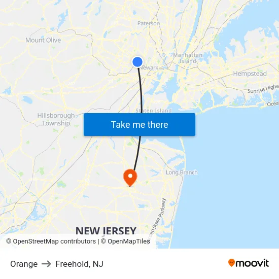 Orange to Freehold, NJ map