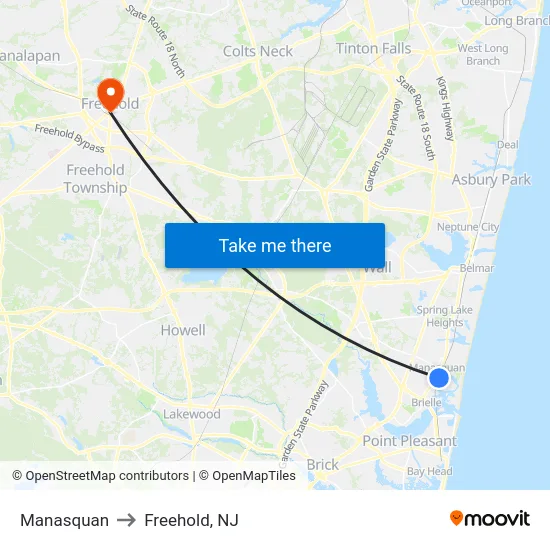 Manasquan to Freehold, NJ map