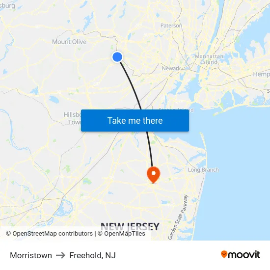 Morristown to Freehold, NJ map