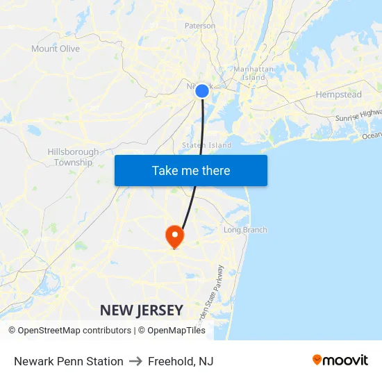 Newark Penn Station to Freehold, NJ map
