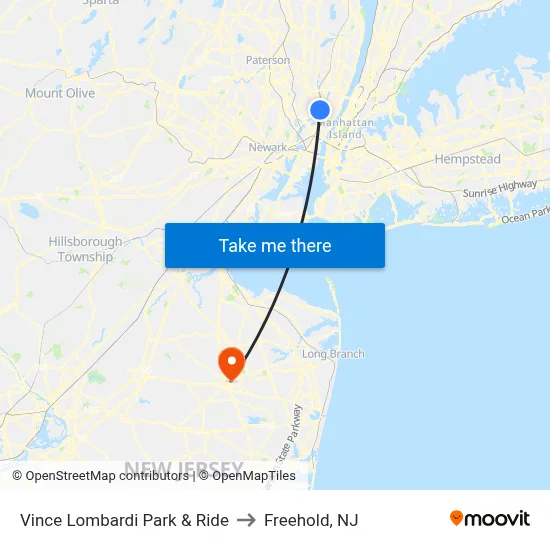 Vince Lombardi Park & Ride to Freehold, NJ map