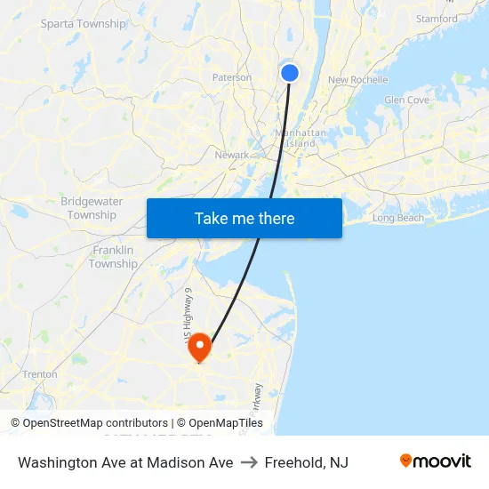 Washington Ave at Madison Ave to Freehold, NJ map
