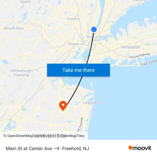 Main St at Center Ave to Freehold, NJ map