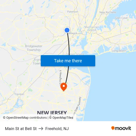Main St at Bell St to Freehold, NJ map