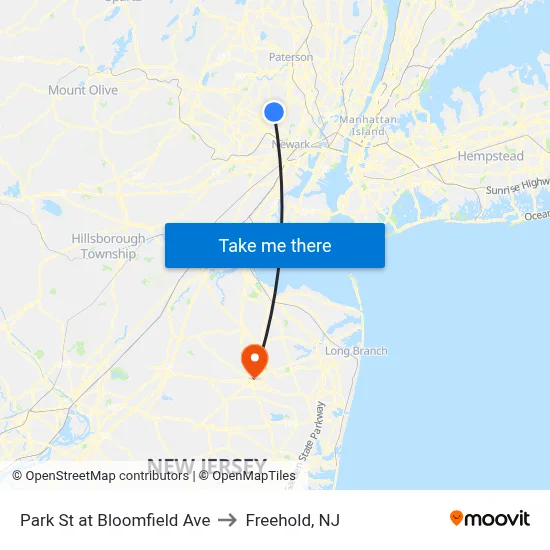 Park St at Bloomfield Ave to Freehold, NJ map