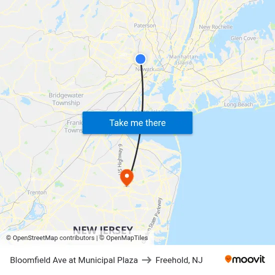 Bloomfield Ave at Municipal Plaza to Freehold, NJ map