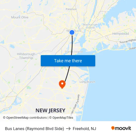 Bus Lanes (Raymond Blvd Side) to Freehold, NJ map