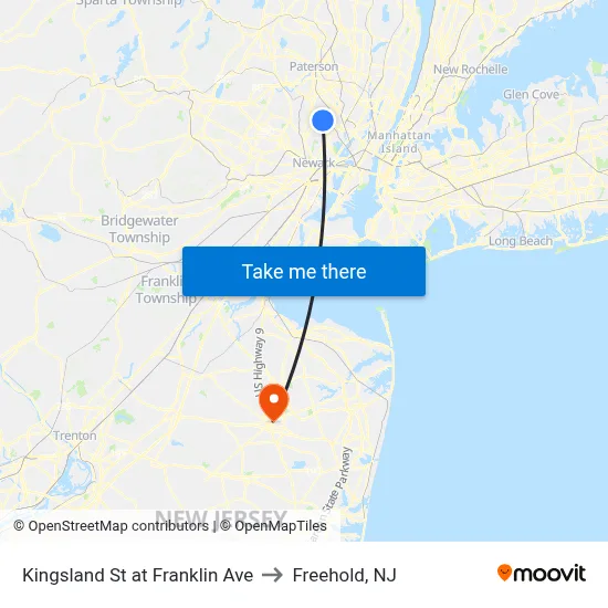 Kingsland St at Franklin Ave to Freehold, NJ map