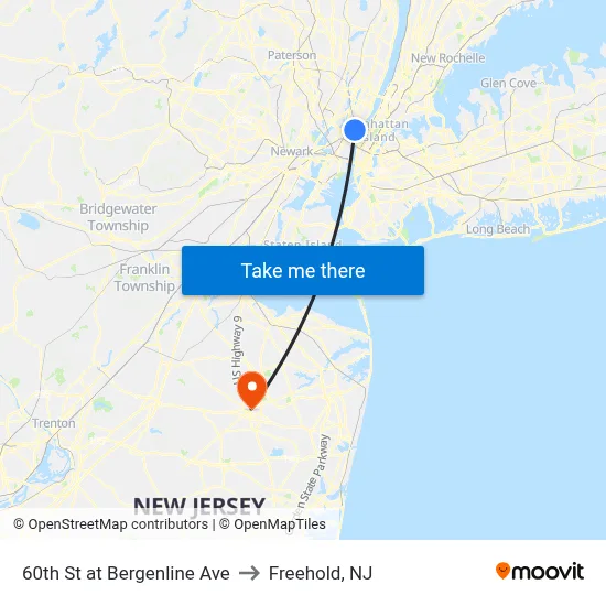 60th St at Bergenline Ave to Freehold, NJ map