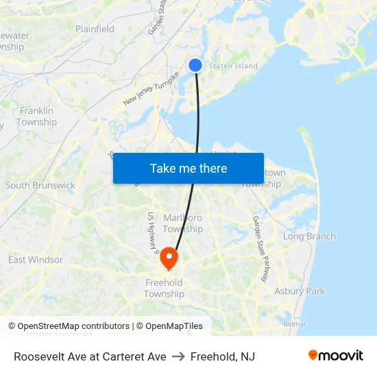 Roosevelt Ave at Carteret Ave to Freehold, NJ map