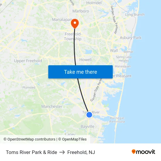 Toms River Park & Ride to Freehold, NJ map