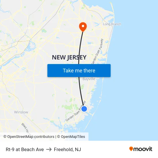 Rt-9 at Beach Ave to Freehold, NJ map