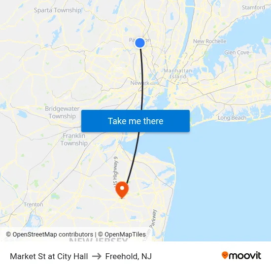 Market St at City Hall to Freehold, NJ map