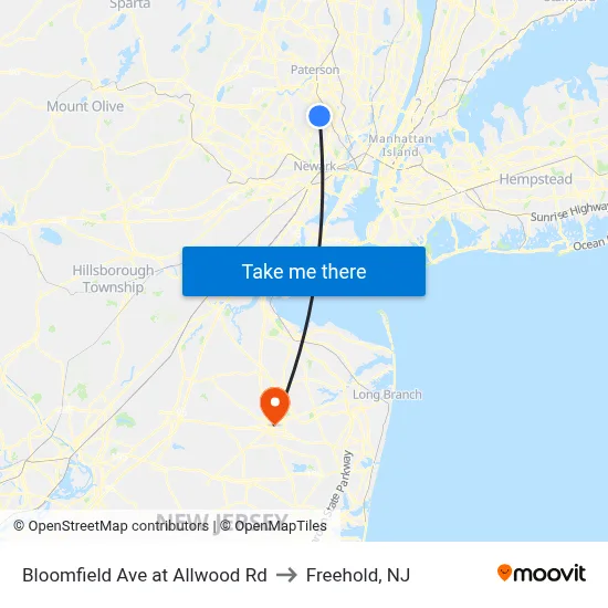Bloomfield Ave at Allwood Rd to Freehold, NJ map