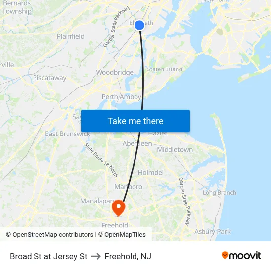 Broad St at Jersey St to Freehold, NJ map