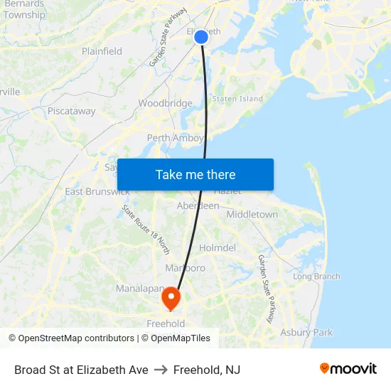 Broad St at Elizabeth Ave to Freehold, NJ map