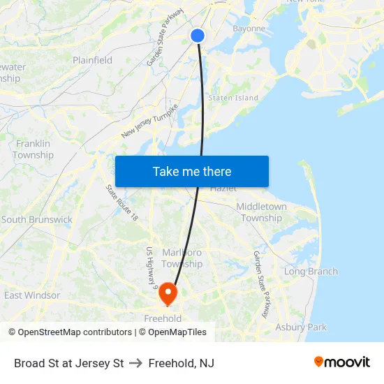 Broad St at Jersey St to Freehold, NJ map
