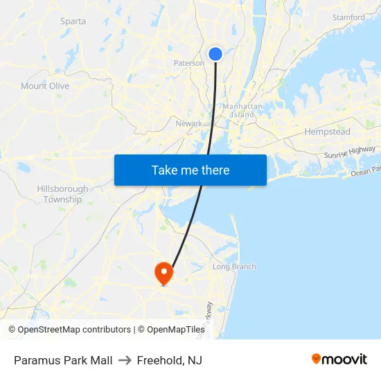 Paramus Park Mall to Freehold, NJ map