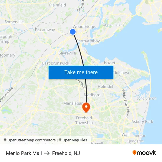 Menlo Park Mall to Freehold, NJ map