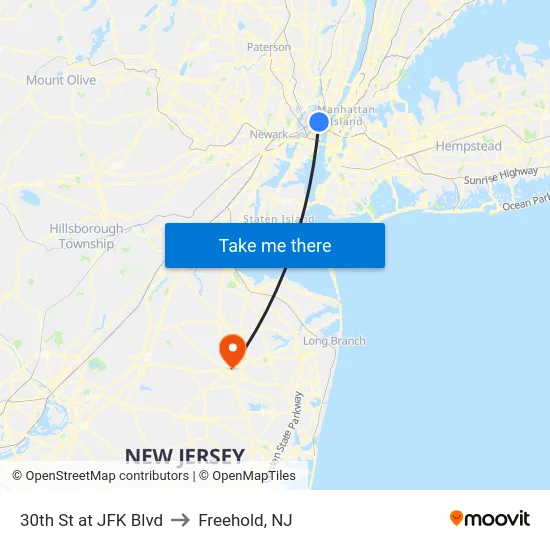 30th St at JFK Blvd to Freehold, NJ map