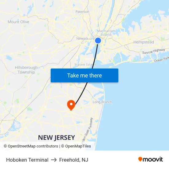 Hoboken Terminal to Freehold, NJ map