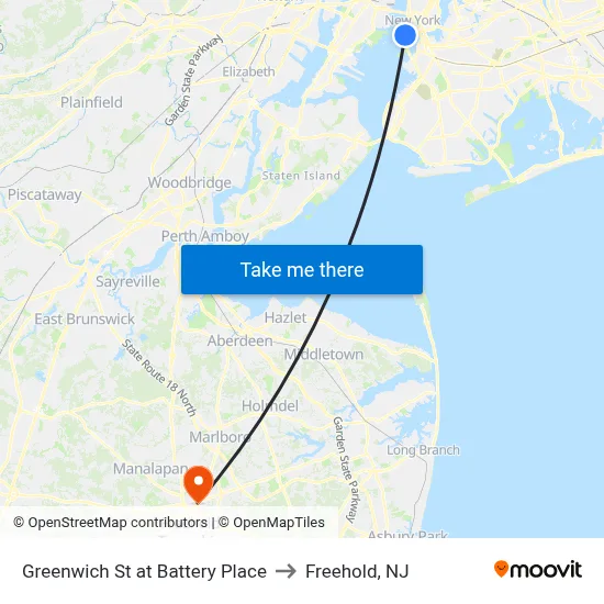 Greenwich St at Battery Place to Freehold, NJ map