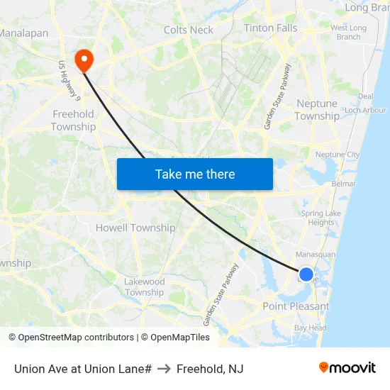 Union Ave at Union Lane# to Freehold, NJ map