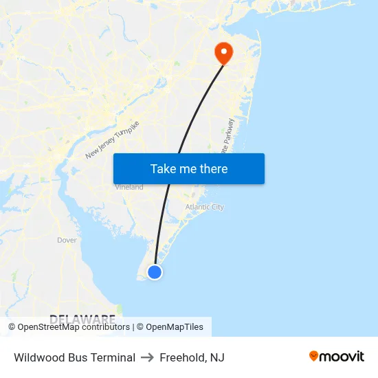 Wildwood Bus Terminal to Freehold, NJ map