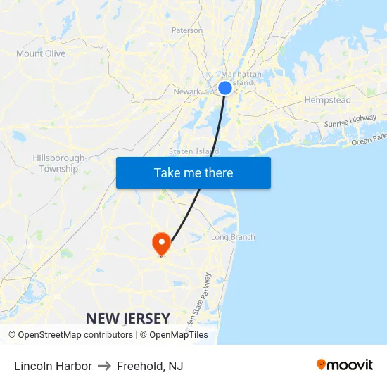 Lincoln Harbor to Freehold, NJ map