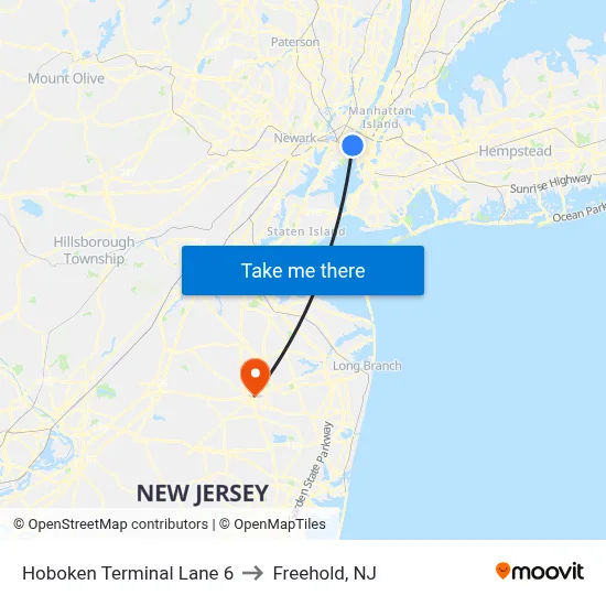 Hoboken Terminal Lane 6 to Freehold, NJ map