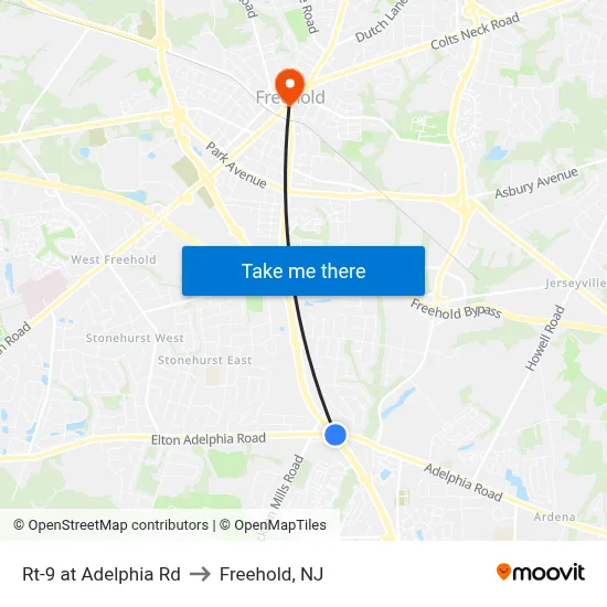 Rt-9 at Adelphia Rd to Freehold, NJ map