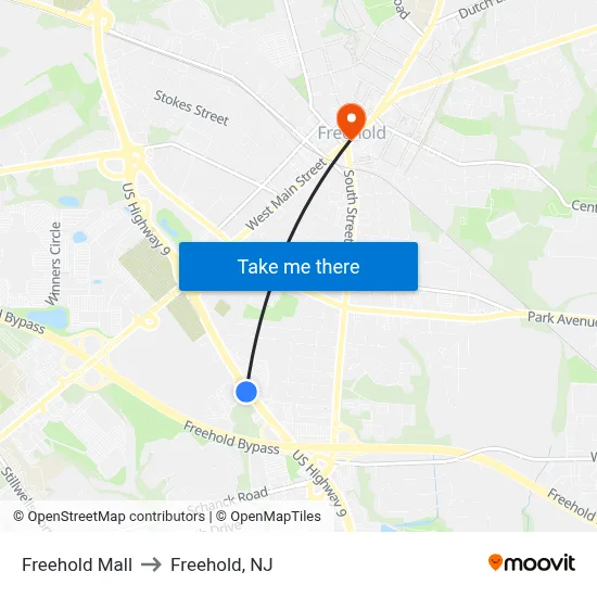 Freehold Mall to Freehold, NJ map