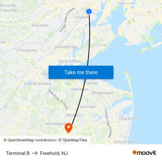 Terminal B to Freehold, NJ map