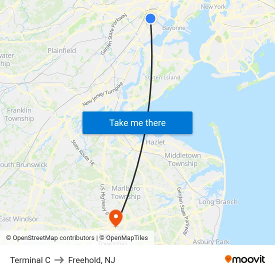 Terminal C to Freehold, NJ map