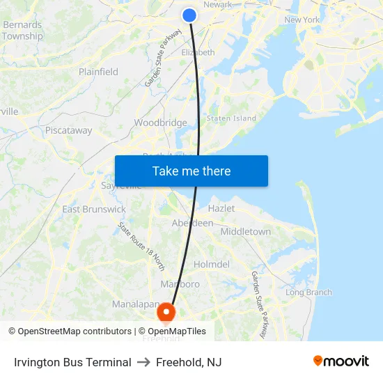 Irvington Bus Terminal to Freehold, NJ map