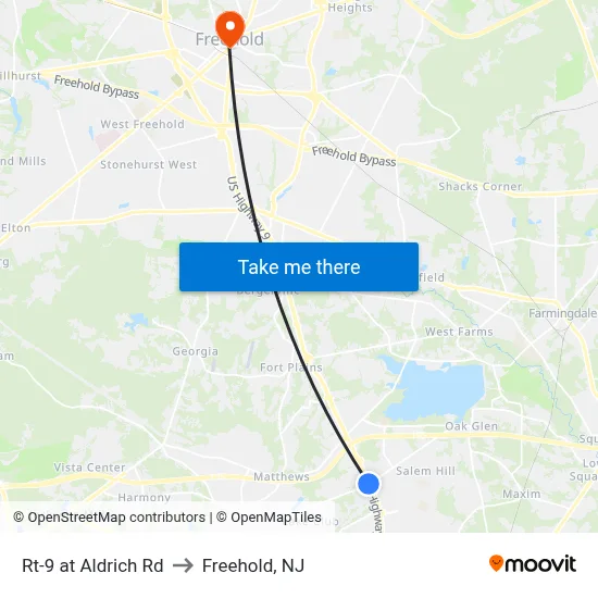 Rt-9 at Aldrich Rd to Freehold, NJ map
