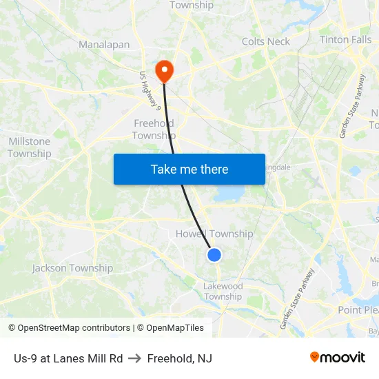 Us-9 at Lanes Mill Rd to Freehold, NJ map