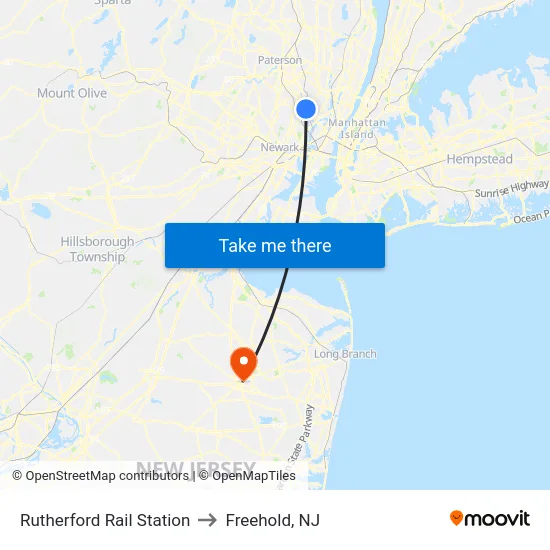 Rutherford Rail Station to Freehold, NJ map