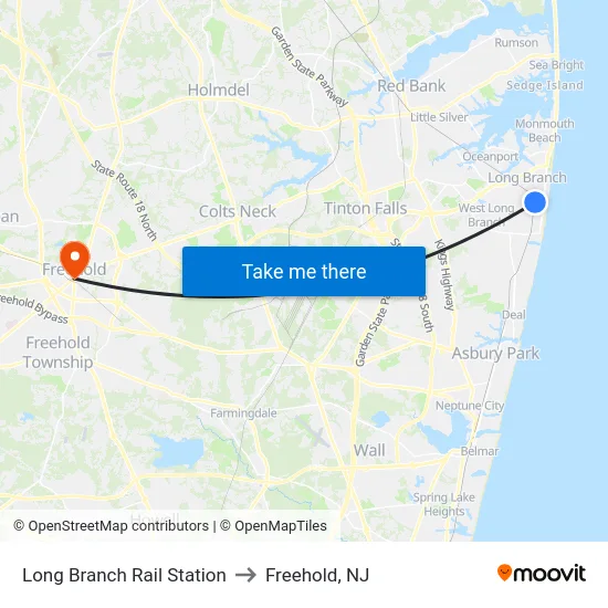 Long Branch Rail Station to Freehold, NJ map
