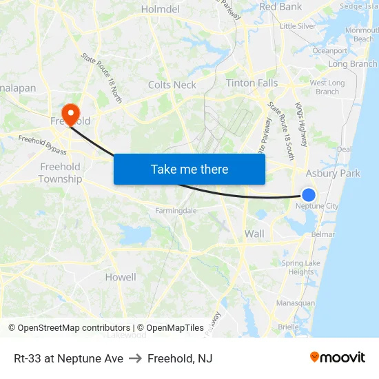 Rt-33 at Neptune Ave to Freehold, NJ map